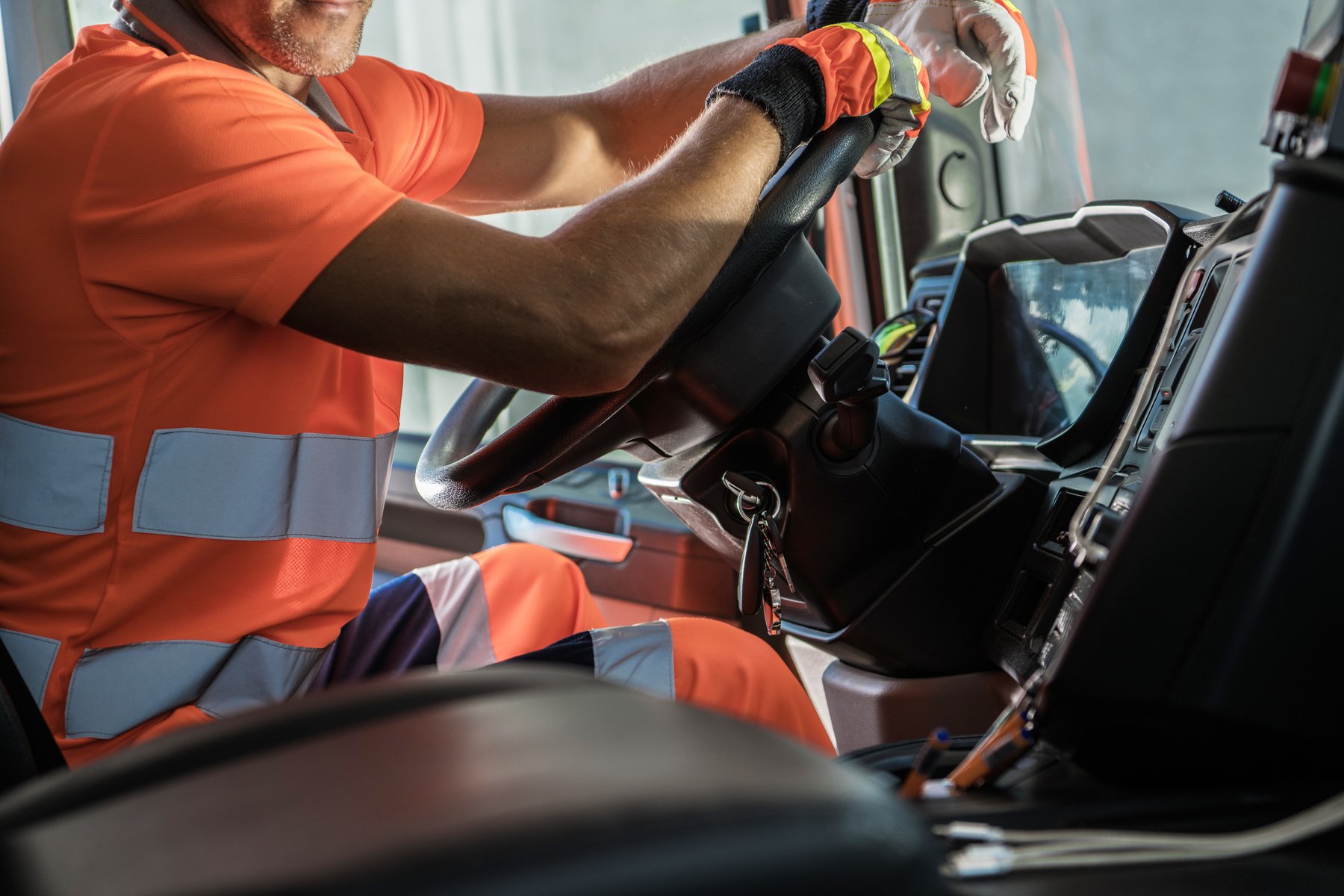 Truck Driver Inside His Vehicle Cabin